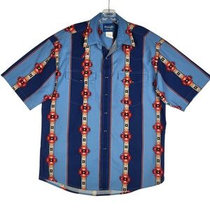 Vintage Wrangler Pearl Snap Shirt Men's Large Blue Red Western Aztec 90s